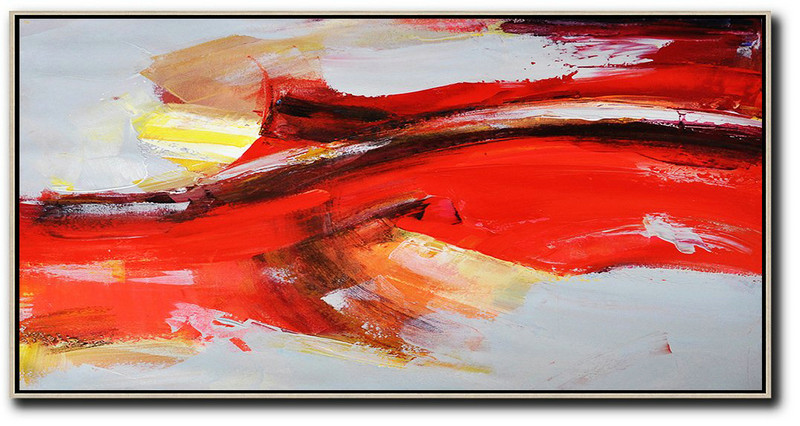 Original Abstract Oil Paintings,Horizontal Palette Knife Contemporary Art Panoramic Canvas Painting,Original Abstract Painting Canvas Art Red,Grey,Yellow